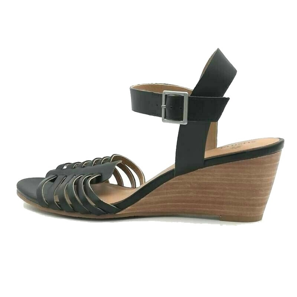 Susina Shoes Womens Terra Black 9.5 Leather Sandals‎ Buckle Strap Wedge Dressy